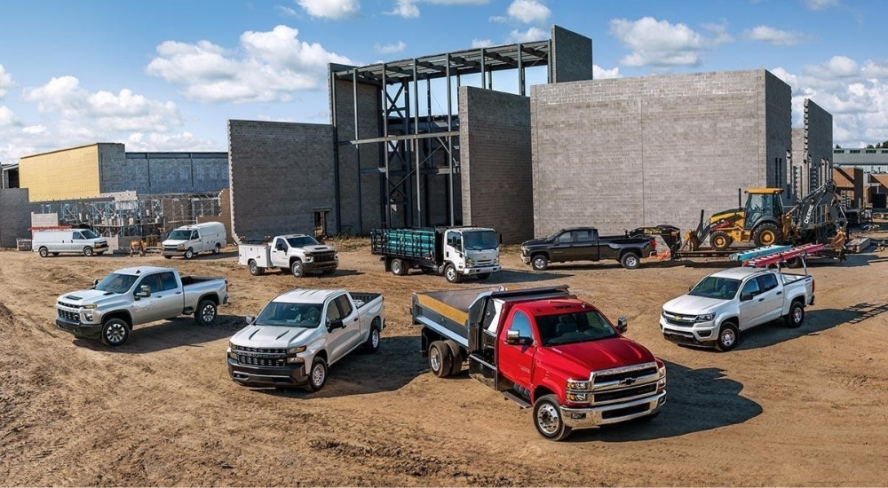 Lineup of 2021 Chevy vehicles at a San Antonio Chevy commercial truck dealer.