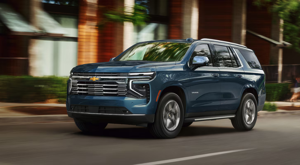 Blue 2026 Chevy Tahoe for sale near Lakehills on a test drive