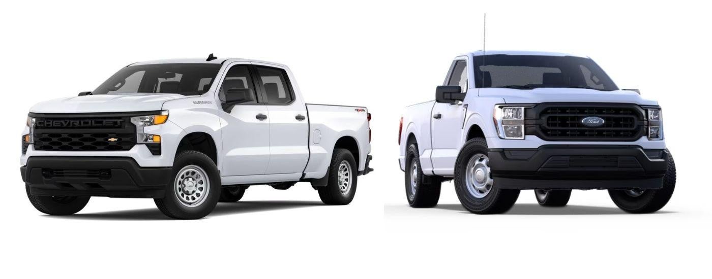 A white 2022 Chevy Silverado 1500 WT and a white 2022 Ford F-150 XL are shown facing away from each other.