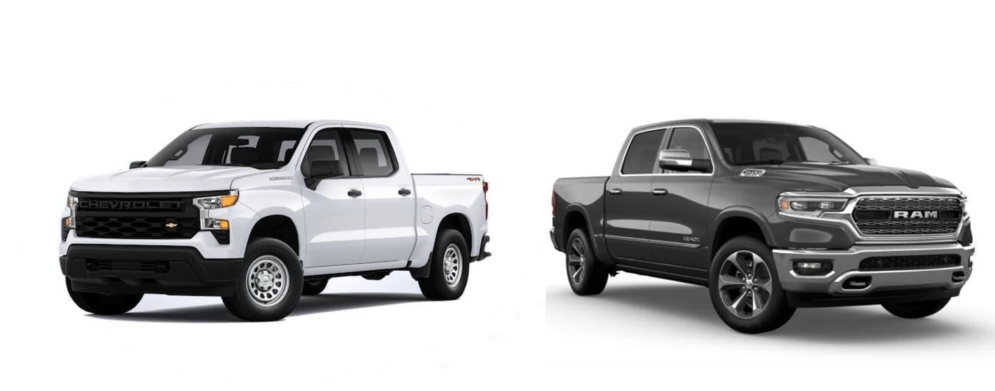 A white 2022 Chevy Silverado 1500 is shown angled left next to a grey 2022 Ram 1500 angled right.