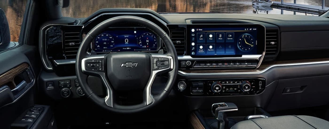 The black interior of a 2023 Chevy Silverado 1500.