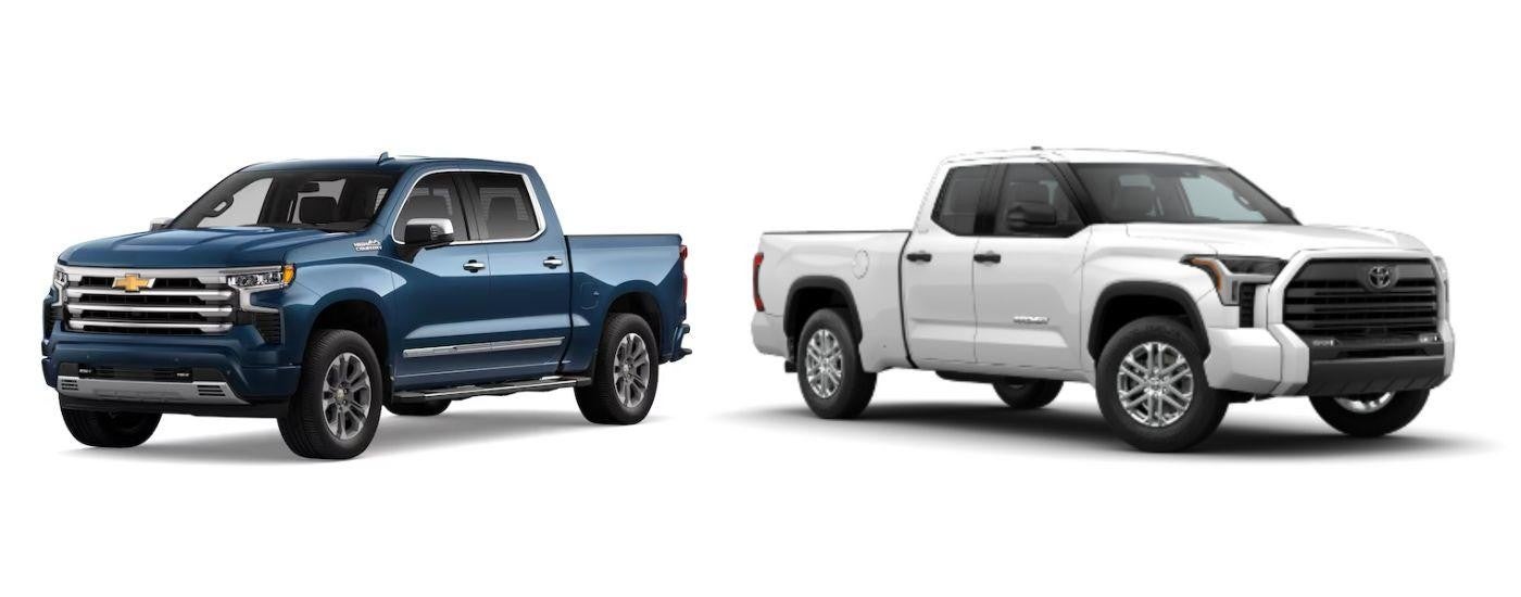 A blue 2023 Chevy Silverado 1500 High Country and a white 2023 Toyota Tundra are shown.