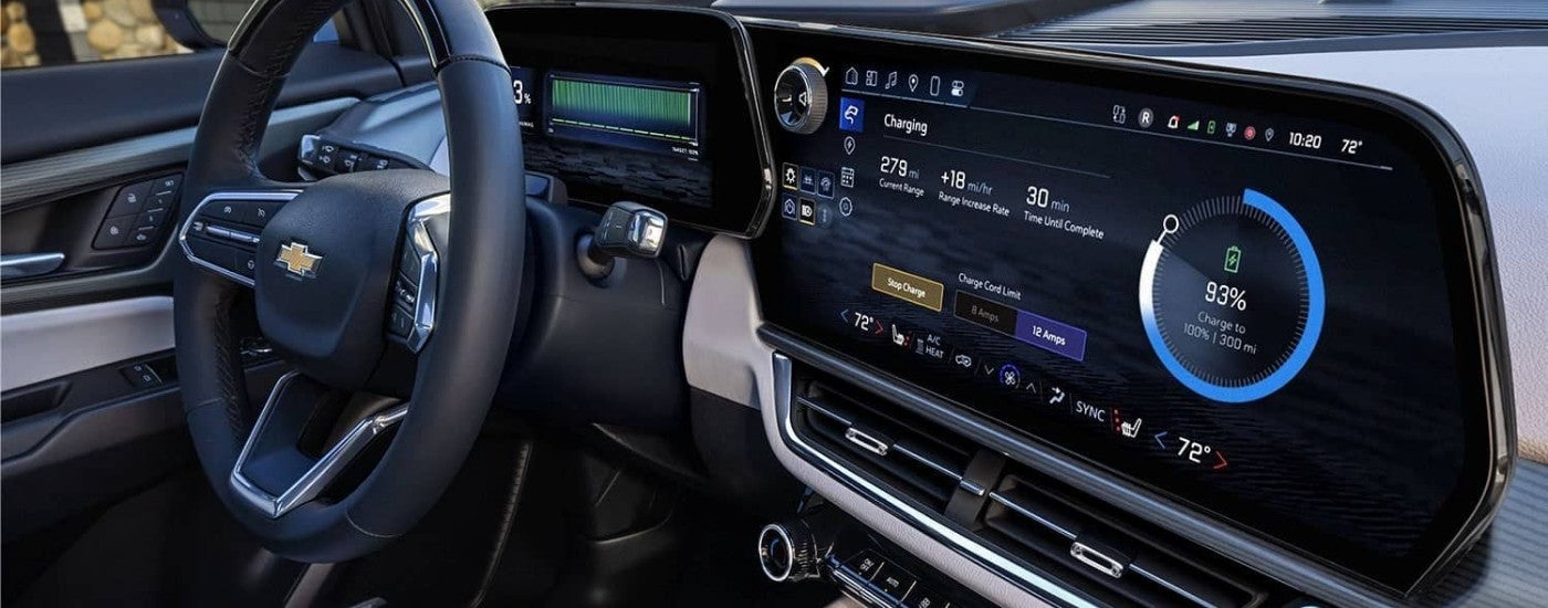 The infotainment screen and steering wheel in a 2024 Chevy Equinox EV.