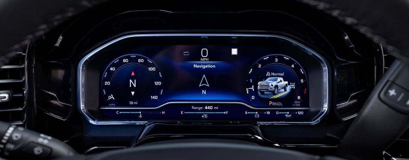 The digital gague cluster in a 2024 Chevy Silverado 3500 HD.