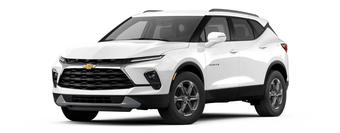 A white 2025 Chevy Blazer 3LT angled left.