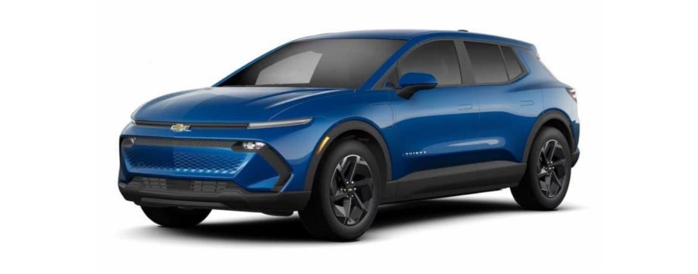 A blue 2025 Chevy Equinox EV LT is angled left on a white background.