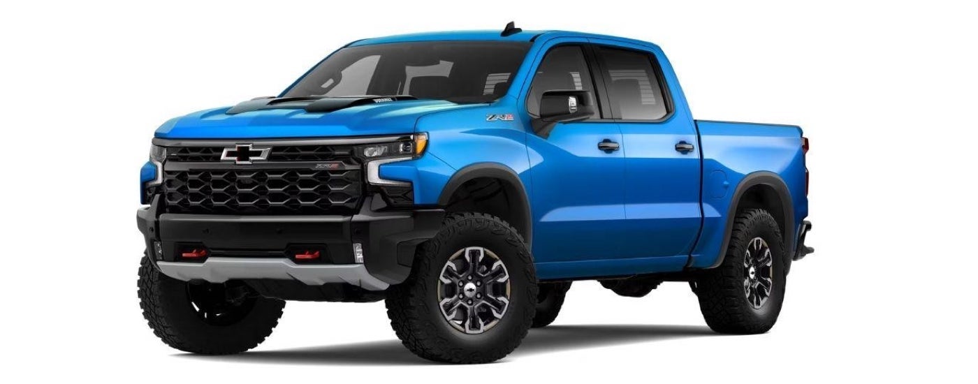 A blue 2025 Chevy Silverado 1500 ZR2 is angled left.