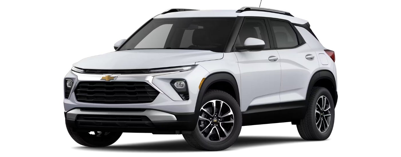 A white 2025 Chevy Trailblazer LT angled left.