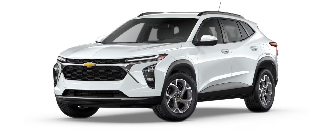 A white 2025 Chevy Trax LT angled left.