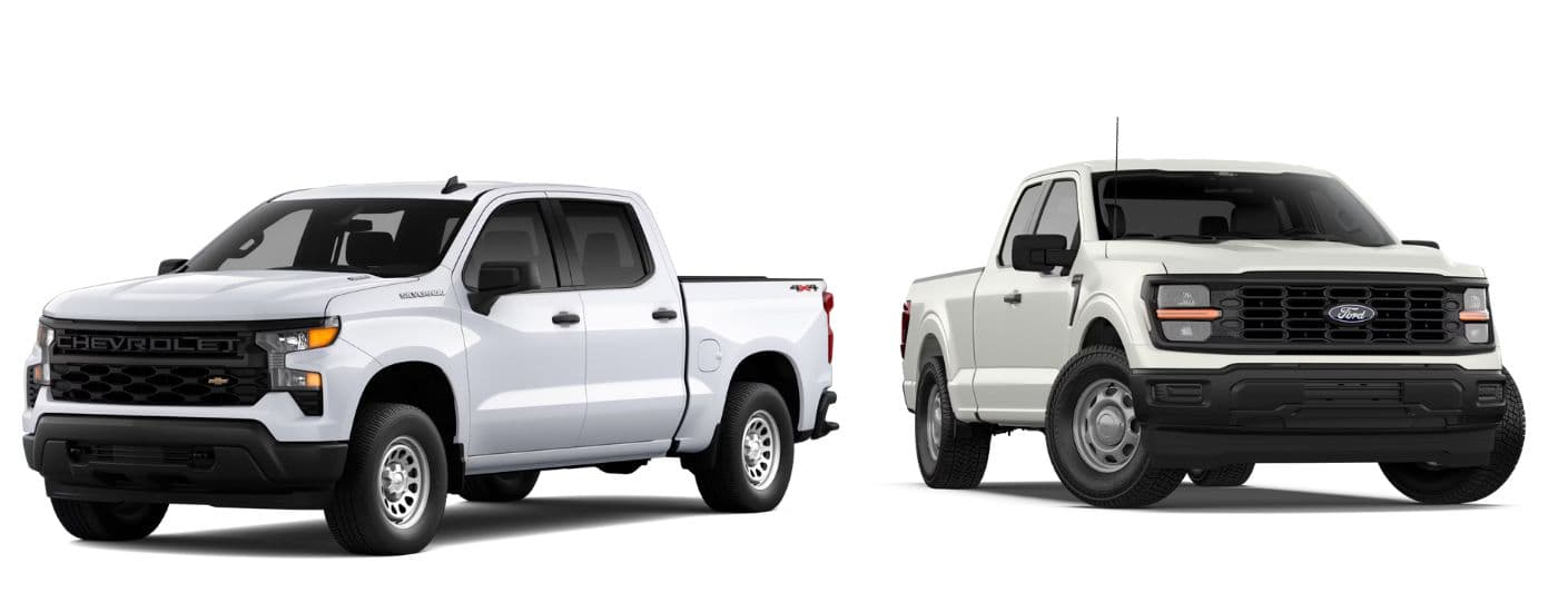 A white 2026 Chevy Silverado 1500 vs a white 2026 Ford F-150.
