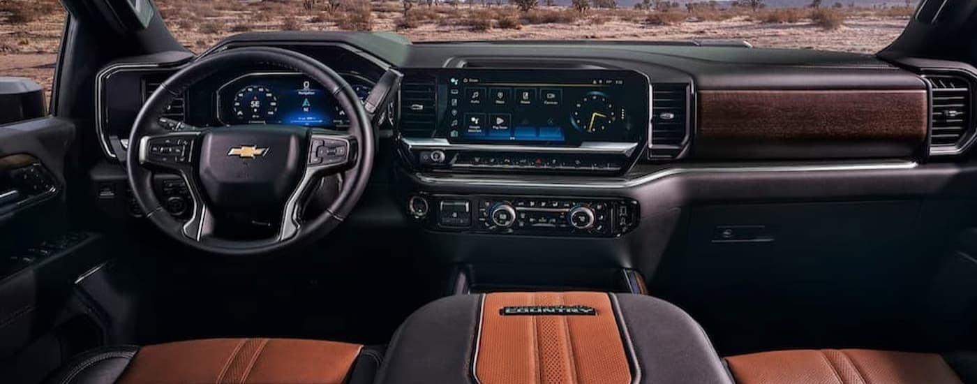Black and brown interior and dash in a 2026 Chevy Silverado 2500 High Country.