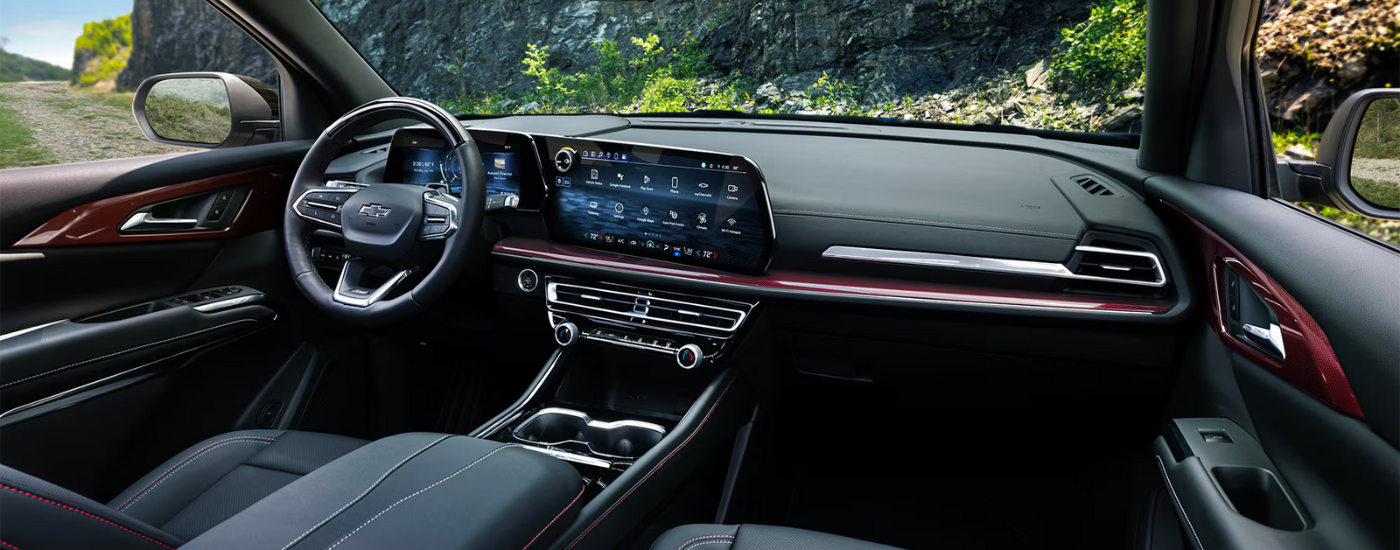 Black interior of a 2026 Chevy Traverse Z71 parked off-road