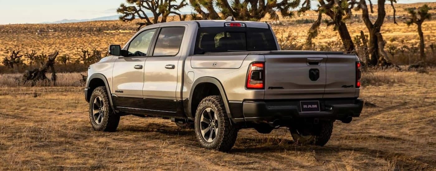 A tan 2021 Ram 1500 is shown from the rear parked in a desert.